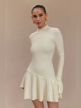 NWT Meshki Ivory Mock Neck Long-Sleeve Pleated Mini Dress
